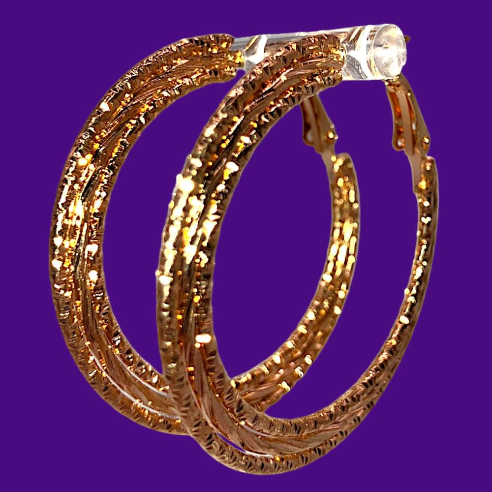 NWOT! Gold-Tone 2 Textured Classic Hinged Hoop 1.5 Inch Earrings!